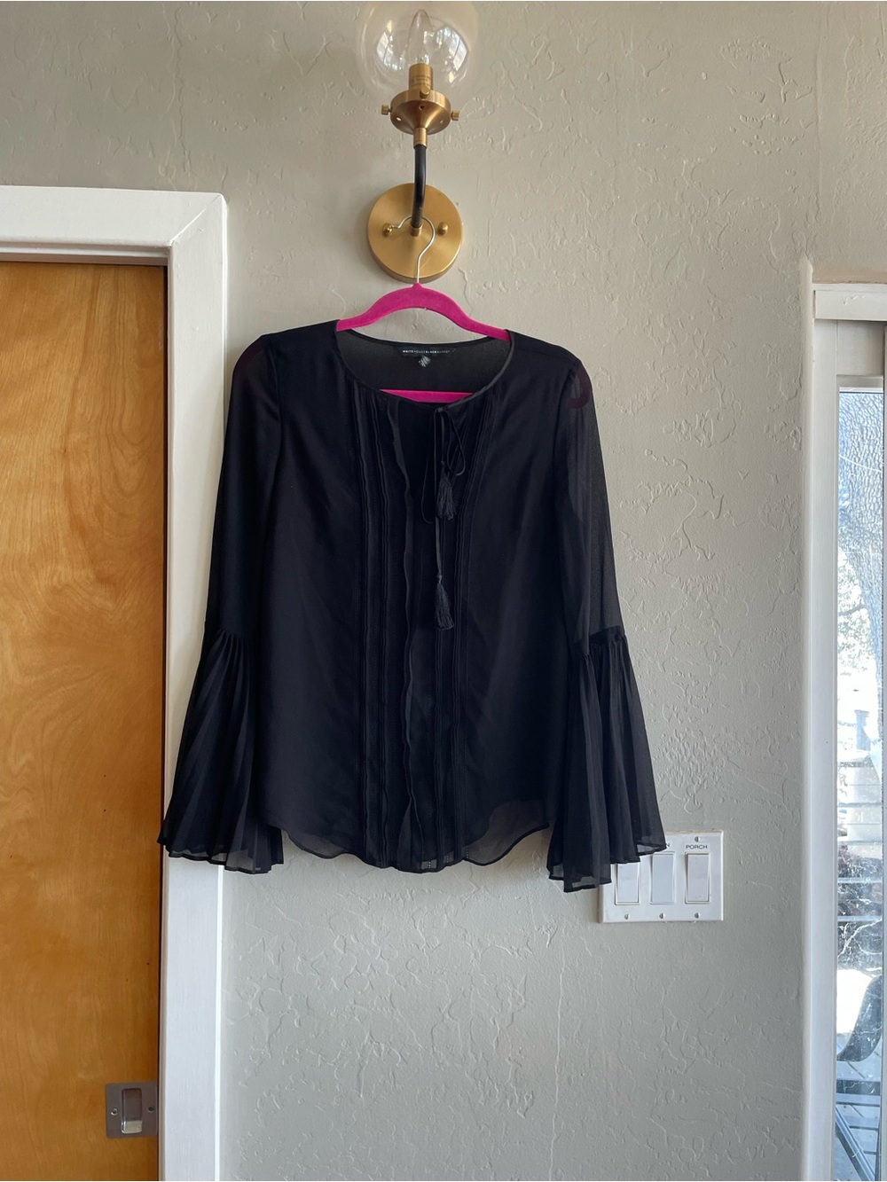 White House Black Market Black Sheer Tie-Front pleatedBell Sleeve Blouse sz 4